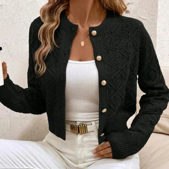 Solid Color Front Button Long Sleeve Short Hollow Cardigan - Picture 1 of 5